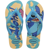 Blue and beige Lilo & Stitch flip flops top view