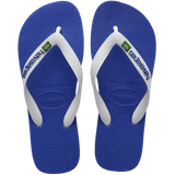 Kids' cobalt blue flip flop with white straps and Brazil flag detail, top view