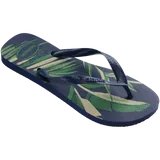 Single, right side angled, men's Havaianas flip flops with a tropical leaf print in green and white.