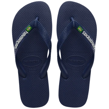 Kids' navy blue flip flop with Brazil flag, top view